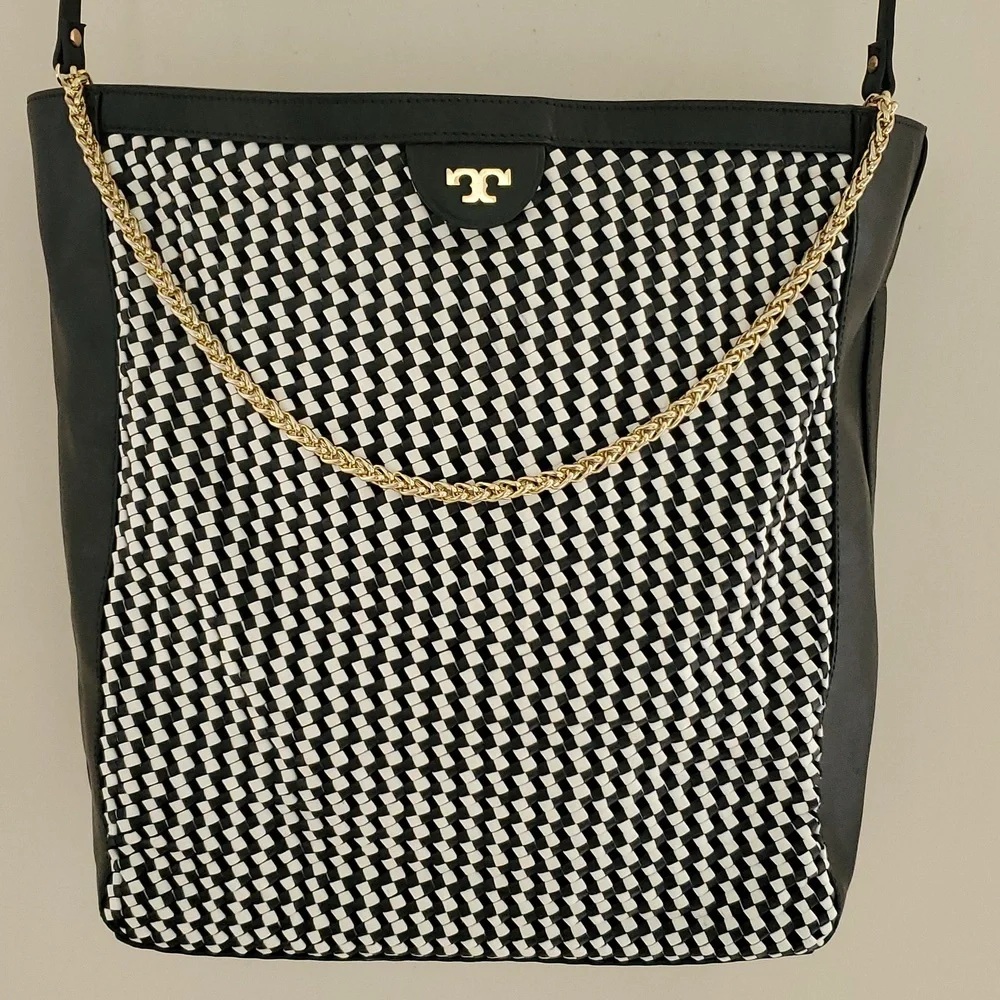 Tory Burch Erica Hobo Bag in Black and White Woven Leather